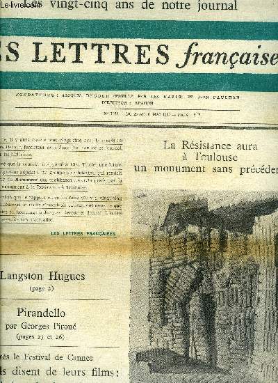 Les lettres franaises n 1184 - La Rsistance aura a Toulouse un monument sans prcdent, Les lettres franaises ont 25 ans par Pierre Daix, Un happening de la Rsistance a Toulouse par Roger Tassera, Pourquoi j'ai crit Babi-Iar par Anatoli Kouznetsov