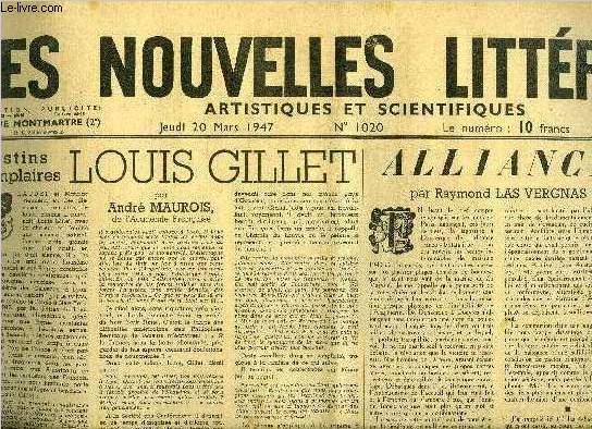 Les nouvelles littraires, artistiques et scientifiques n 1020 - Destins exemplaires, Louis Gillet par Andr Maurois, Alliance par Raymons Las Vergnas, Pont-neuf par Alexandre Arnoux, Le souvenir de J.R. Bloch par Louis Parrot, Shakespeare et son temps