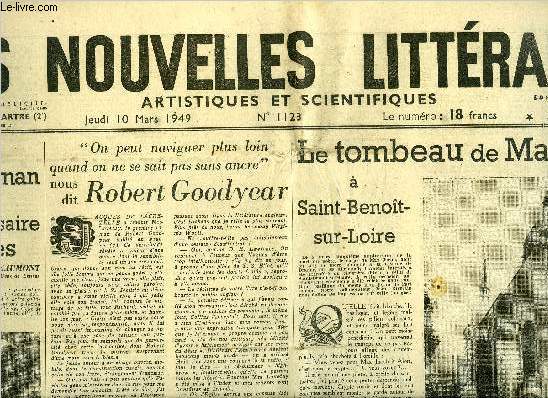 Les nouvelles littraires, artistiques et scientifiques n 1123 - De d'Artagnan au commissaire Gilles par Germaine Beaumont, On peut naviguer plus loin quand on ne sait pas sans ancre par Robert Goodyear, Le tombeau de Max Jacob a Saint Benoit sur Loire