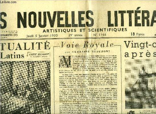 Les nouvelles littraires, artistiques et scientifiques n 1166 - Actualit des latins par Emile Henriot, Voie royale par Germaine Beaumont, Vingt cinq ans aprs par Pierre Mac Orlan, Les dix phares, Hiboux dans le soleil par Pierre Audiat, Un jour