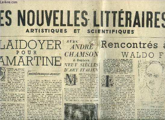 Les nouvelles littraires, artistiques et scientifiques n 1289 - Plaidoyer pour Lamartine par Andr Franois Poncet, Navigation sentimentale par Annette Vaillant, Avec Andr Chamson a travers neuf sicles d'art italien par Andr Bourin, Rencontrs