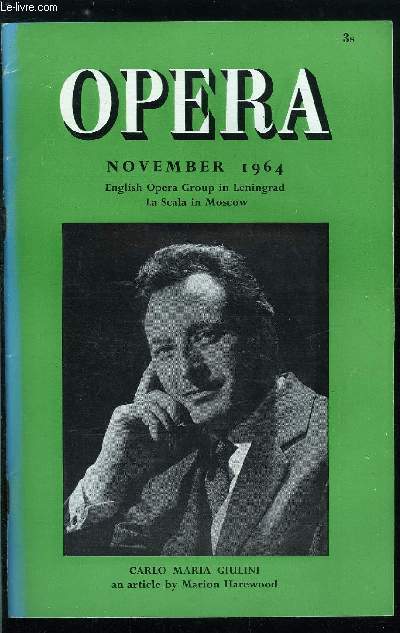 Opera n 11 - People, 58 : Carlo Maria Giulini by Marion Harewood, Arthur Benjamin and Opera by Alan Boustead, Summer Festivals : Salzburg and Venice, Supplement - coming events, including continental Opera House Plans, and Opera calendar for November