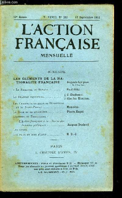 L'action franaise n 252 - Les lments de la nationalit franaise par Auguste Longnon, Le ralisme de Bonald par Paul Ritti, Le drapeau pontifical par J. Challamel et Charles Maurras, Les champs de bataille de Rezonville et de Saint Privat par Memnso