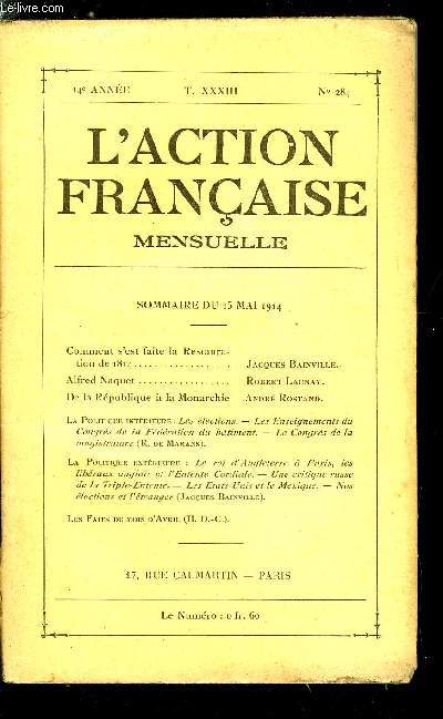 L'action franaise n 284 - Comment s'est faite la Restauration de 1814 par Jacques Bainville, Alfred Naquet par Robert Launay, De la Rpublique a la Monarchie par Andr Rostand