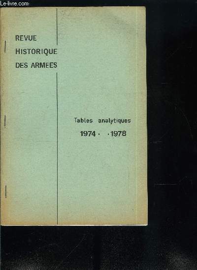 Revue historique des armes - tables analytiques 1974-1978