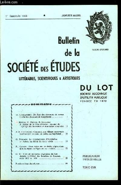 Bulletin de la socit des tudes littraires, scientifiques et artistiques du Lot tome CVII n 1 - De l'art des chasseurs de rennes a celui des chasseurs de kangourous par M. Lorblanchet, A propos de la frise d'Assier : systme de reprage des bas-relief