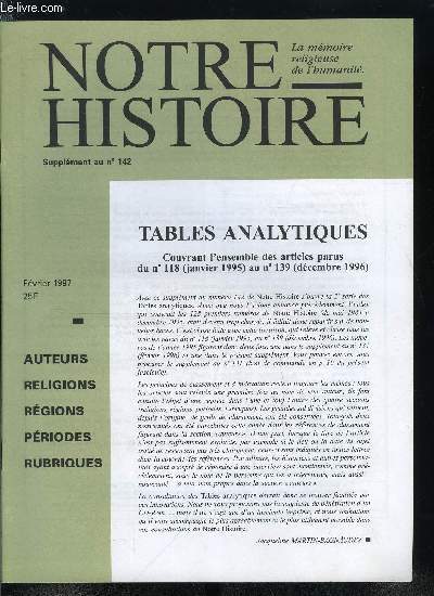 Notre histoire hors série - Tables analytiques couvrant l'ensemble des articles parus du n° 118 (janvier 1995) au n° 139 (décembre 1996)