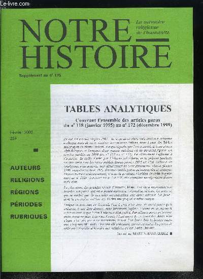 Notre histoire hors série - Tables analytiques couvrant l'ensemble des articles parus du n° 118 (janvier 1995) au n° 172 (décembre 1999)