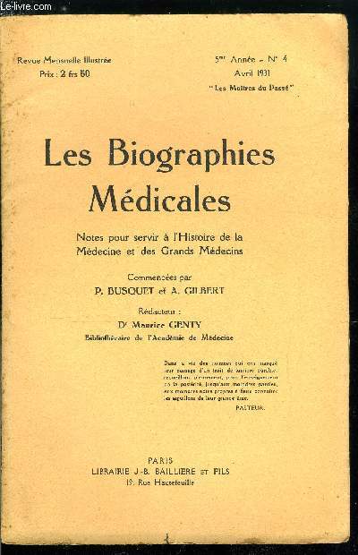Les biographies médicales n° 4 - Velpeau Marie - 1795-1867