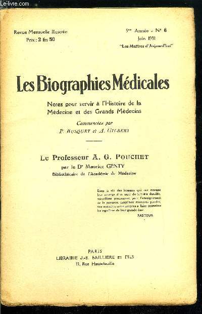 Les biographies médicales n° 6 - Le professeur A. G. Pouchet