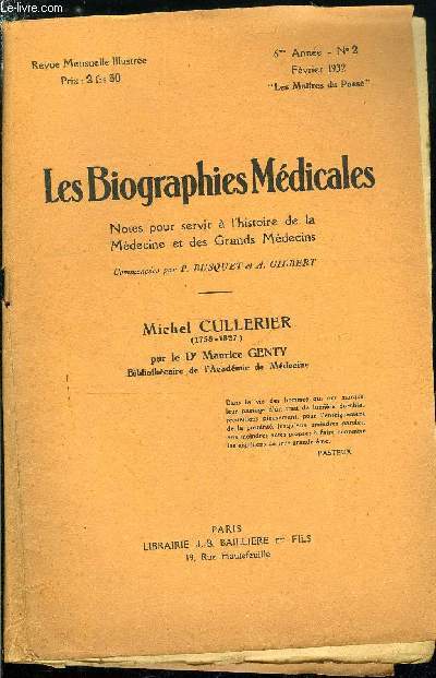Les biographies médicales n° 2 - Cullerier Michel (1758-1827)