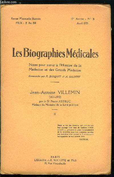 Les biographies mdicales n 3 - Jean-Antoine Villemin (1827-1892) (suite)