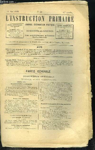 L'instruction primaire 11e anne n 38 - Nominations, postes vacants, Correspondance administrative et rponses diverses, Enseignement moral, instruction civique, Grammaire et dictes, Exercices d'invention e de composition