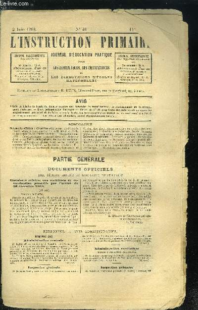 L'instruction primaire 11e anne n 40 - Circulaire relative aux certificats de revaccination prescrits par l'arrt du 29 dcembre 1888, Causerie pdagogique (beaux verts), Le carnet de correspondance simplifi