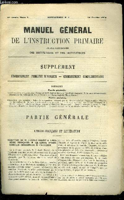 Manuel gnral de l'instruction primaire - supplment n 4 - Rception de M. Ludovic Halvy a l'Acadmie franaise, M. le comte d'Haussonville, discours de M. Pailleron (C.D.), Revue agricole par Henry Sagnier, Prparation aux examens : Sujets