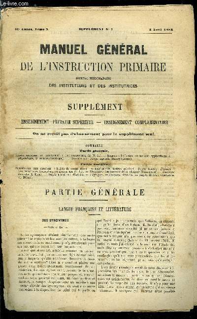 Manuel gnral de l'instruction primaire - supplment n 7 - Des synonymes (fin) par E.A., Diffusion et osmose, applications a physiologie par Bournique, Les communes franaises au moyen age par R.L., Les sources de la chaleur par Haraucourt