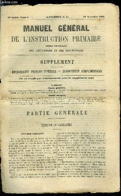 Manuel gnral de l'instruction primaire - supplment n 23 - Mme Jane Dieulafoy par G. Meissas, Les commensaux et les parasites dans le rgne animal par Bourniquet, Le savoir et le jugement par A. Hachette, Vivre, c'est agir par A. Hachette