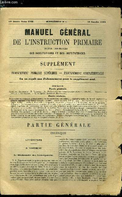 Manuel gnral de l'instruction primaire - supplment n 1 - M. Vapereau : le dictionnaire des contemporains par Gabriel Compayr, Les canaux, les bateaux, La navigation intrieure par Haraucourt, Prparations aux examens professionnels de l'enseignement