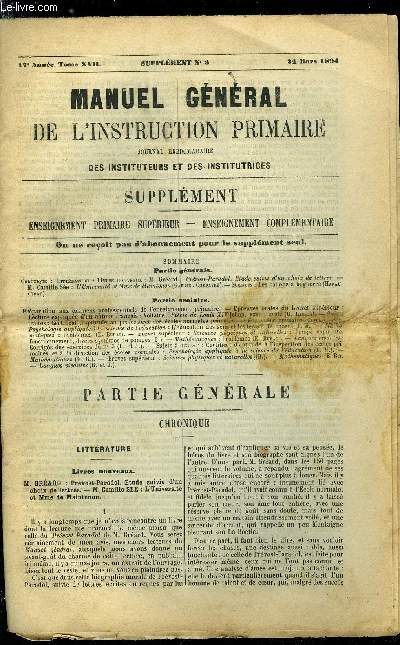 Manuel gnral de l'instruction primaire - supplment n 6 - M. Grard : Prvost-Paradol, Etude suivre d'un choix de lettres, M. Camille Se : l'universit et Mme de Maintenon par Gabriel Compayr, Les ballons a la guerre par Haraucourt, Prparation