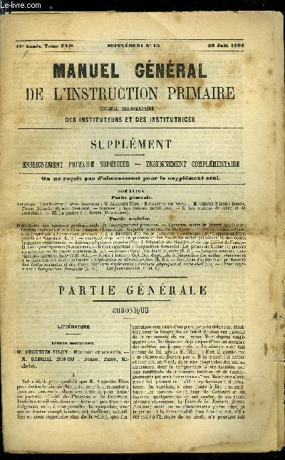 Manuel gnral de l'instruction primaire - supplment n 13 - Livres nouveaux : M. Augustin Filon : Mrime et ses amis, M. Gabriel Monor : Renan, Taine, Michelet par Gabriel Compayr, Les maisons mtalliques, Les maisons de verre et de porcelaine