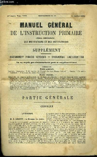 Manuel gnral de l'instruction primaire - supplment n 14 - M.E. Legouv : Le Branger des coles par Gabriel Compayr, Le miel et l'hydromel, Le henn des Arabes par Haracourt, Epreuves orales du brevet suprieur : lecture explique d'un auteur