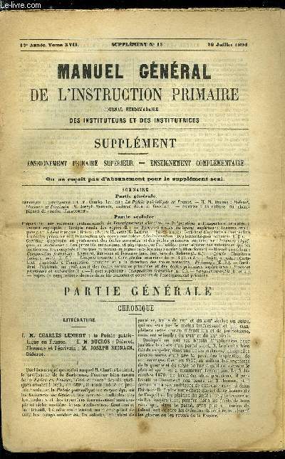 Manuel gnral de l'instruction primaire - supplment n 15 - M. Charles Lenient : La posie patriotique en France, M. Ducros : Diderot, l'homme et l'crivain, M. Joseph Reinach, Diderot par Gabriel Compayr, La culture du champignon de coude