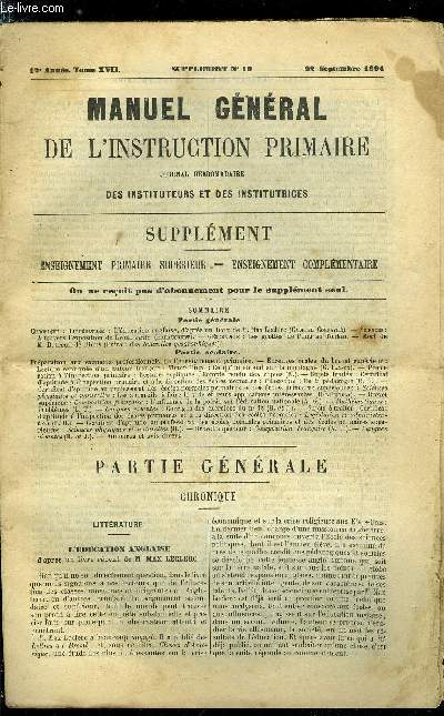 Manuel gnral de l'instruction primaire - supplment n 19 - L'ducation anglaise, d'aprs un livre de M. Max Leclerc par Gabriel Compayr, A travers l'exposition de Lyon, suite par Haraucourt, Les grottes de Pung au Tonkin, Mort de M. Dutreuil de Rhins