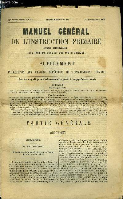 Manuel gnral de l'instruction primaire - supplment n 22 - M. Brunetire, l'voluion de la posie lyrique en France au XIXe sicle par Gabriel Compayr, La morue et la pisciculure en eaux sales par Haraucourt, La Bruyre : de quelques usages