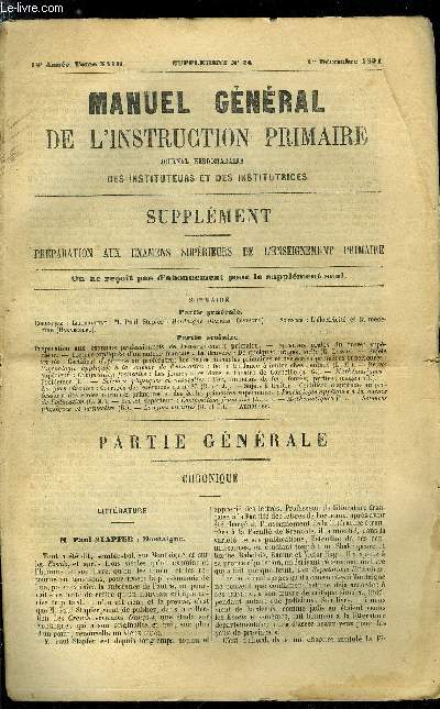 Manuel gnral de l'instruction primaire - supplment n 24 - M. Paul Stapfer : Montaigne par Gabriel Compayr, L'lectricit et la mdecine par Haraucourt, La Bruyre : de quelques usages, suite par G. Lanson