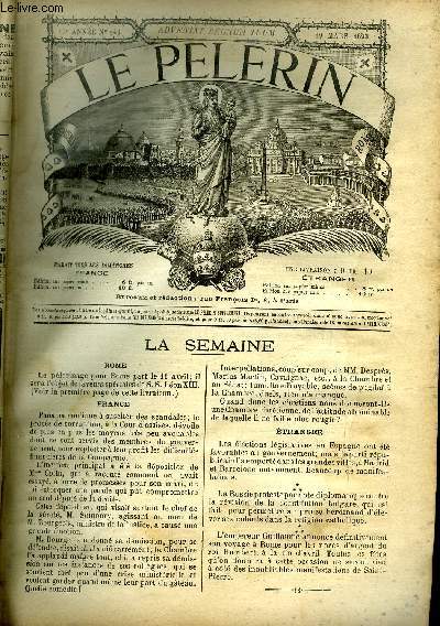 Le Plerin n 846 - La France a Rome, Mgr Azarian, Dans les flammes, Les ames du purgatoire et les trois messes du jour des morts, Une station thermale de Lpreux, Notre Dame de France, Un bienheureux, L'glise de Lourdes, Le crucifix, Une lgende