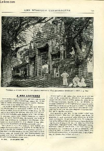 Les missions catholiques n 1908 - A nos lecteurs, Hros trop oublis de notre pope coloniale, Glorieuses pages de l'histoire du Tonkin par M. Sajot
