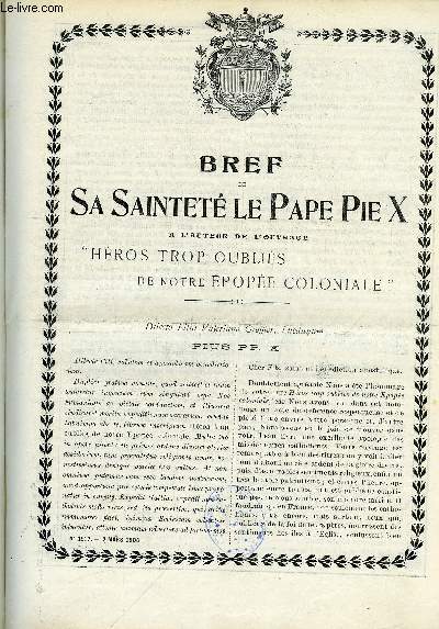 Les missions catholiques n 1917 - Bref de sa saintent le Pape Pie X a l'auteur de l'ouvrage : Hros trop oublis de notre pope coloniale, Brouillard arctique par Mgr Fallize, Visite pastorale