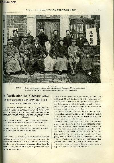 Les missions catholiques n 2252 - La pacification de Kinchow et ses consquences providentielles pour la conversion des tartares, Cent kilomtres sur des paules kondes, Sur le haut Oubangui, Esquisses jeunes, les heureux