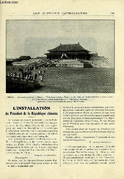 Les missions catholiques n 2319 - L'installation du Prsident de la Rpublique chinoise, Le petit sminaire indigne, Un voyage a Quelpaert par M. Cadars, Quarante jours sur l'Araguaya