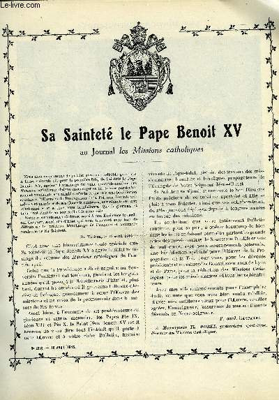 Les missions catholiques n 2393 - Sa saintet le Pape Benoit XV au Journal les Missions catholiques, Les mobiliss de Vizagapatam, Le catholicisme au Japon, Roses et pines, une anne a la mission de Sainte Monique