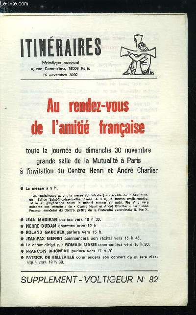 Itinraires - supplment voltigeur n 82 - Au rendez vous de l'amiti franaise, Face au gnocide franais une journe d'amiti franaise, La petite musique de nuit de Jean Pax Mfret