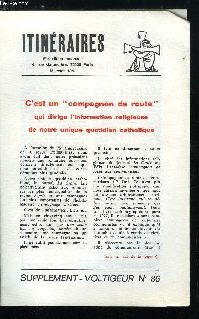 Itinraires - supplment voltigeur n 86 - C'est un compagnon de route qui dirige l'information religieuse de notre unique quotidien catholique, La communion dans la main, Avant les lections et aprs