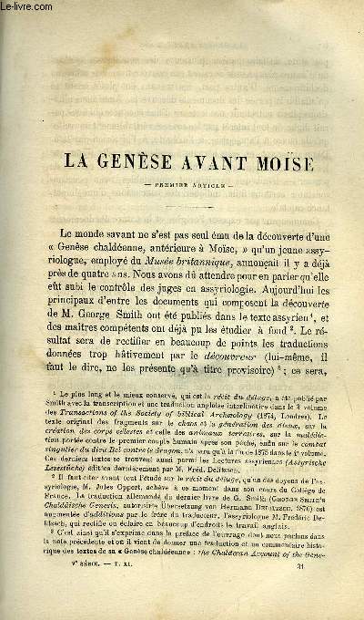 Etudes religieuses, philosophiques, historiques et littraires tome 11 n 4 - La Gense avant Mose par P.J. Brucker, L'infaillibilit de l'glise et l'influence de Bossuet dans le maintien de la paix dite de Clment IX, conclusion par P. Gazeau, Rome