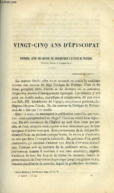 Etudes religieuses, philosophiques, historiques et littraires tome 11 n 5 - Les gloires piscopales du Saint Pre par P. Marquigny, Vingt cinq ans d'piscopat, premire srie des oeuvres de Mgr de Poitiers par P. Longhaye, Un duel darwiniste par P.