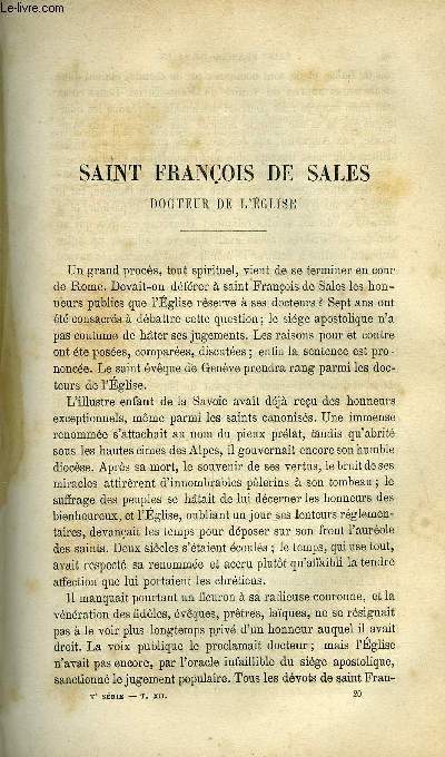 Etudes religieuses, philosophiques, historiques et littraires tome 12 n 3 - Saint Franois de Sales, docteur de l'Eglise par P. Desjardins, Caractres distinctifs de l'hallucination (suite) par P. de Bonnio, La chute de Saint Pierre par P. de Monfort