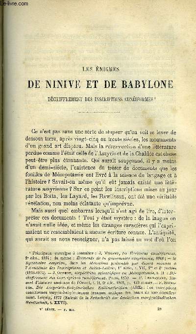 Etudes religieuses, philosophiques, historiques et littraires tome 12 n 4 - Les nigmes de Ninive et de Babylone, dchiffrement des inscriptions cuniformes par P. Brucker, Epoque de l'rection des vchs en France (fin) par P. Colombier, Jeanne d'Arc