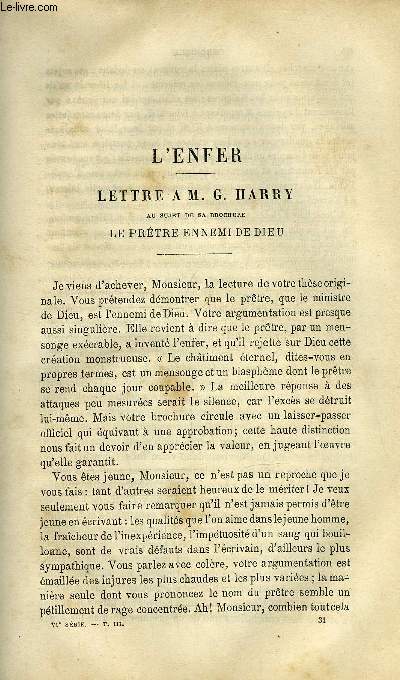 Etudes religieuses, philosophiques, historiques et littraires tome 3 n 4 - L'enfer, lettre a M. Harry au sujet de sa brochure : le prtre ennemi de Dieu par P. de Bonniot, Darwinisme (suite), argument pour la fixit primordiale de l'espce