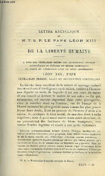 Etudes religieuses, philosophiques, historiques et littraires tome XLIV n 3 - Lettre encyclique de Notre Saint Pre le pape Lon XIII sur la Libert humaine, Les objections contre l'origine mosaque du Pentateuque (fin) par le P.J. Brucker, P. Fval