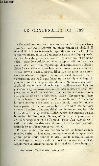 Etudes religieuses, philosophiques, historiques et littraires tome XLVI n 1 - Le centenaire de 1789 par le P. Hte Martin, Les romans clricaux de M. Ferdinand Fabre par le P. Et. Cornut, Le P. Grou chez M. Cousin (fin) par le P.J. De Bonniot, La Rgale