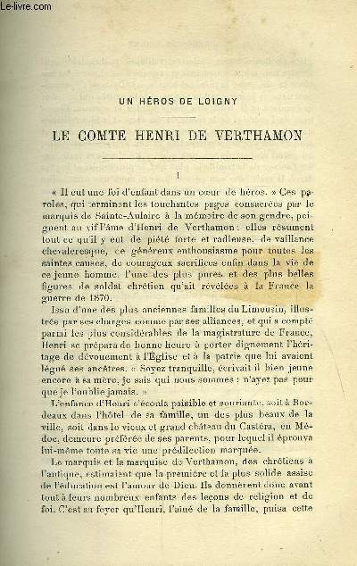 Etudes religieuses, philosophiques, historiques et littraires tome LI n 1 - Un hros de Loigny : le comte Henri de Vertamon par le P.J.B. Didierjean, La Bible de Sixte Quint par le P. Ferdinand Prat, La lutte pour la vie : microbes contre microbes