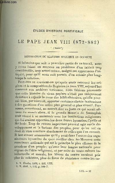 Etudes religieuses, philosophiques, historiques et littraires tome LIX n 2 - Etudes d'histoires pontificale, le pape Jean VIII (872-882) suite, par le P.A. Lapotre, La Franc-Maonnerie et le gouvernement de la France depuis quinze ans, mise a excution