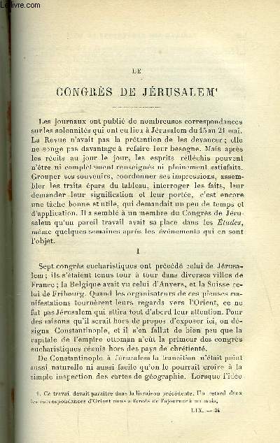 Etudes religieuses, philosophiques, historiques et littraires tome LIX n 4 - Le Congrs de Jrusalem par le P.J. Burnichon, L'Eglise et l'Eat en matire d'association (2e article) par le P.H. Prlot, Les prophtes d'Isral (3e article), les prdictions