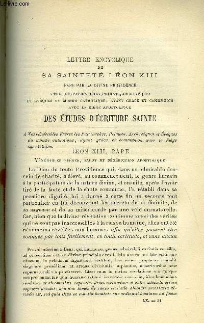 Etudes religieuses, philosophiques, historiques et littraires tome LX n 4 - Lettre encyclique de S.S. Lon XIII sur les Etudes d'criture sainte, LEs capitulations et les congrgations religieuses en Orient par le P.J. Burnichon, Les temps nouveaux