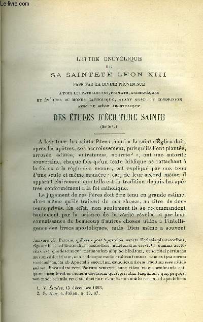 Etudes religieuses, philosophiques, historiques et littraires tome LXI n 1 - Lettre encyclique de N.S.P. le pape Lon XIII sur les tudes d'criture sainte (suite et fin), Les franais en Indochine (deuxime partie) par le P.H. Prlot, Gustave Nadaud