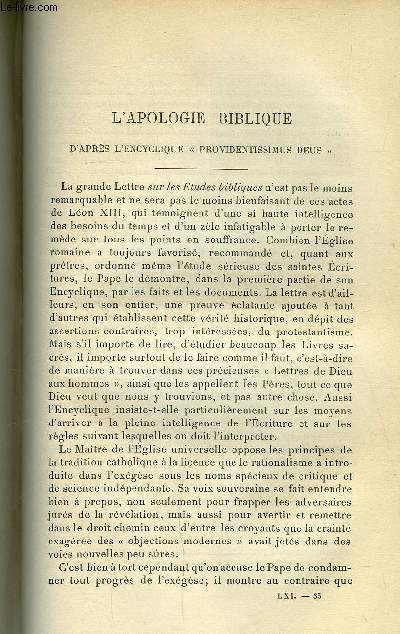 Etudes religieuses, philosophiques, historiques et littraires tome LXI n 4 - L'apologie biblique d'aprs l'Encyclique Providentissimus Deus par le P.J. Brucker, L'ducation du Grand Cond, d'aprs des documents indits, l'entre dans le monde